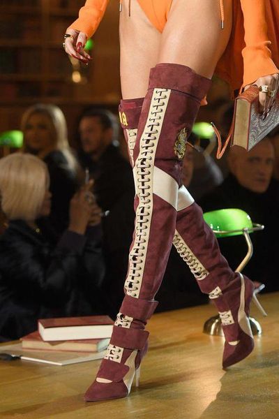 

new arrival blue patchwork thigh high boots women pointy toe high heels lace up botas largas over the knee knight boots, Black