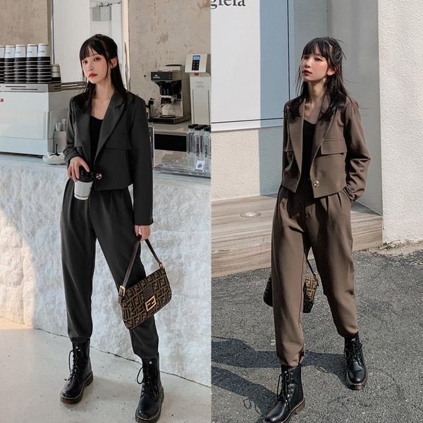 

women's two piece pants sutimine 2021 autumn black blazer femme suits sets office ladies elegant single breasted double solid, White