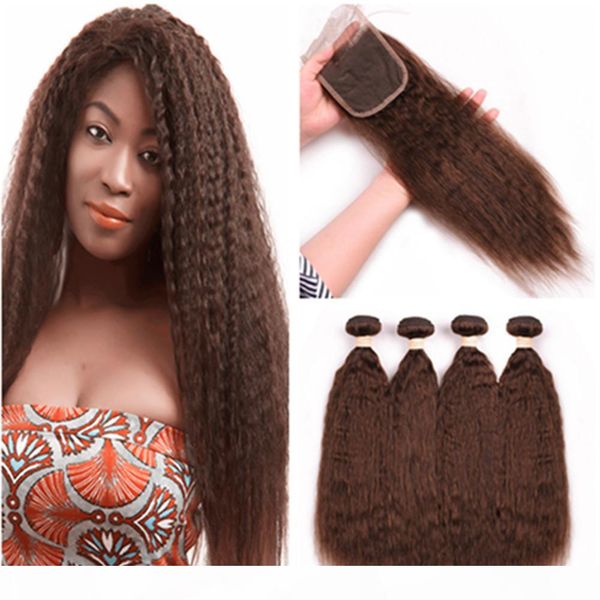 

pure 4 color kinky straight brazilian human hair weaves 4bundles with 4x4 lace closure 5pcs lot medium brown coarse yaki virgin hair wefts, Black
