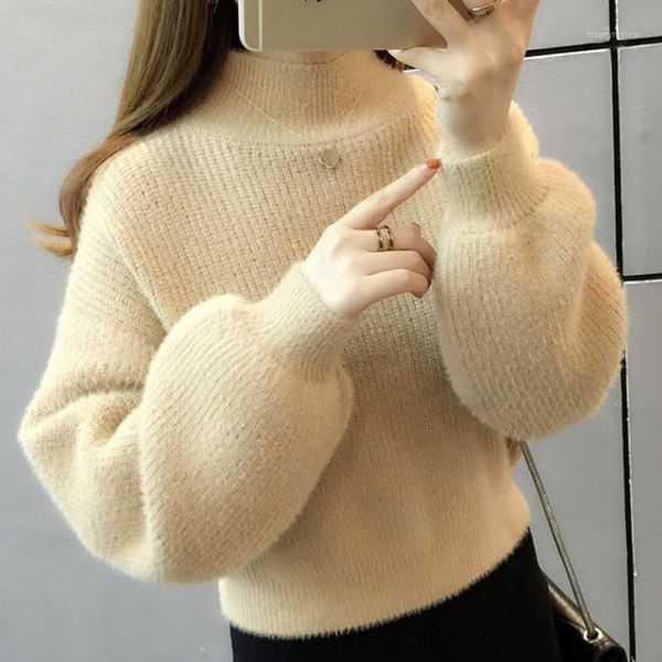 

women's sweaters short mink cashmere women lantern sleeve loose turtleneck warm pullover winter sweet solid color knitted sweater1, White;black