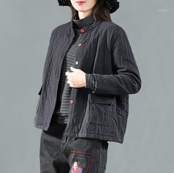 

2018 women vintage parkas autumn winter solid color single-breasted stand collar slim thick female short coats tide1, Black