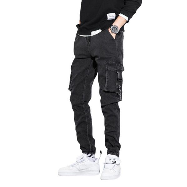 

men's jeans mens pocket cargo pants elastic waist denim trousers loose plus size hip hop streetwear locomotive, Blue