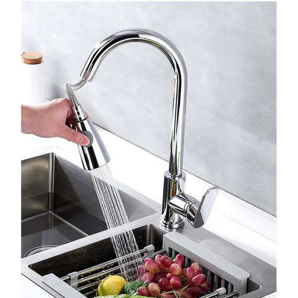 

chrome brass kitchen pullout faucet cold and water mixing tap single hole single handle swivel 360 degre qylcbs