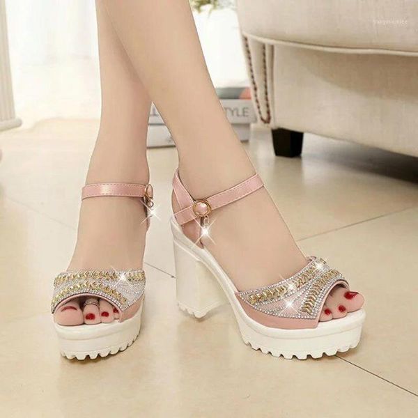

women's sandals shoes high heel thick and muffin heel with buckle open toe rhinestone sandals women ladies sandal shoes new 20211, Black