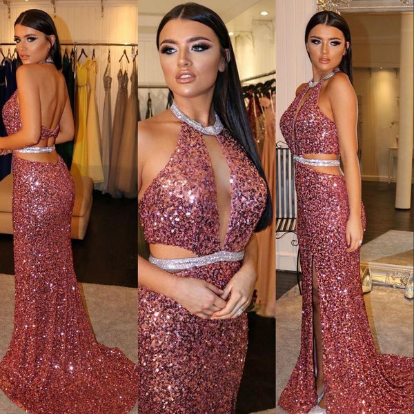 Aso ebi e sexy vestidos de baile rosa halter halter halterhole lacinous lace lace split lantejas sereia de vestido de noite aberto use vestidos de festa formal 403