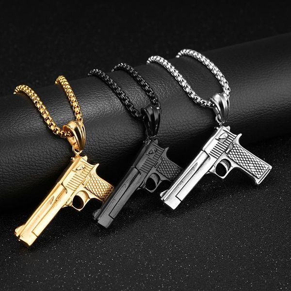 

pendant necklaces hip hop rock desert eagle automatic pistol gun men pendants necklace 316l stainless steel jewelry with 60cm gold chain, Silver