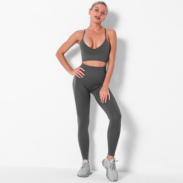 

yoga outfits feminine solid color beauty back bra set high waist hip pants gray running sports fitness seamless training, White;red