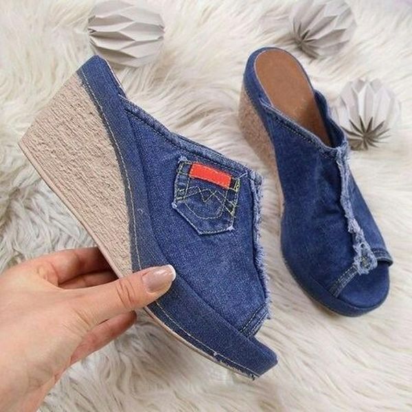 

women sandals summer denim wedges mid heel peep toe platform casaual plus size 35-43 beach female ladies shoes zapatos de mujer, Black