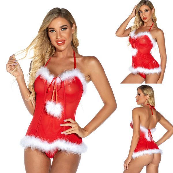 

ladies see-through lingerie lace white plush side lingerie christmas halterneck jumpsuit classic bandage thin pink bra c1211, Black;white