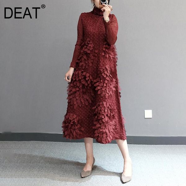

casual dresses deat pleated dress women turtleneck elegant floral 3d seven sleeve slim solid over knee 2021 autumn fashion ht263, Black;gray