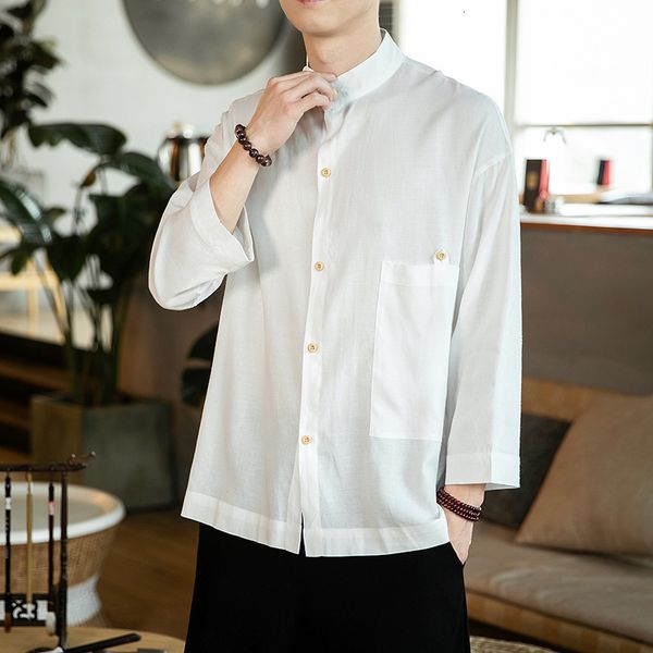 

spring autumn men's cotton and hemp long sleeve chinese style large casual solid collar cardigan shirt slim linen, White;black