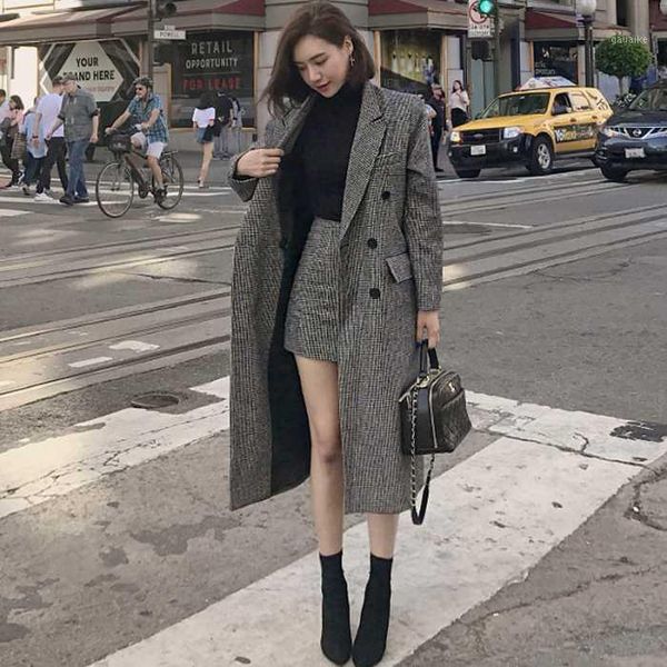

winter two piece suits runway women black plaid woollen tweed turn down collar long overcoat + mini bodycon pencil skirt set1, White