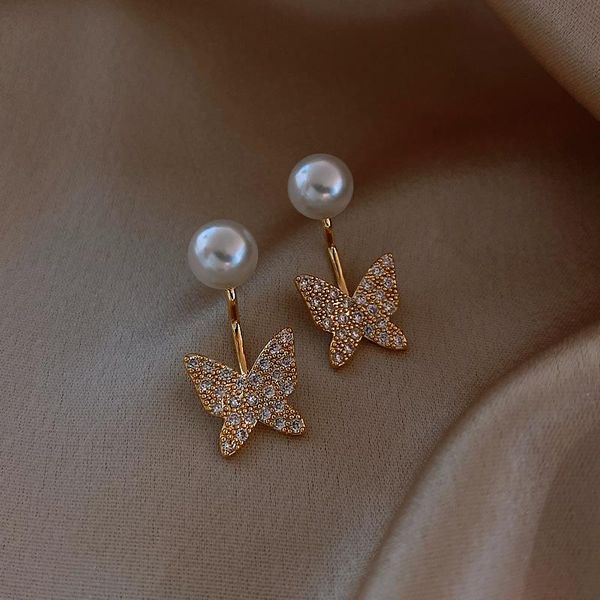 

stud 2021 korea classic simple crystal butterfly earrings for women fashion simulated pearl jewelry oorbellen, Golden;silver