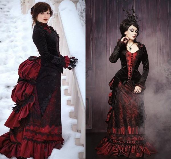 Abiti da sera formali vintage gotici neri e rosso scuro Maniche lunghe Ruffles Corsetto increspato Abiti da ballo Medievale Vittoriano Masquerade Abito per occasioni speciali