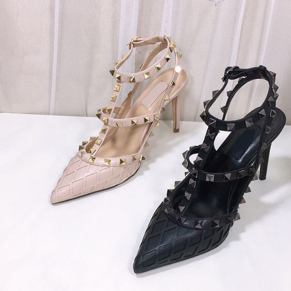 

designer t-strap women pumps pointed toe 10cm high-heeled fashion rivets lady banquet dress shoes size 35-42, Black
