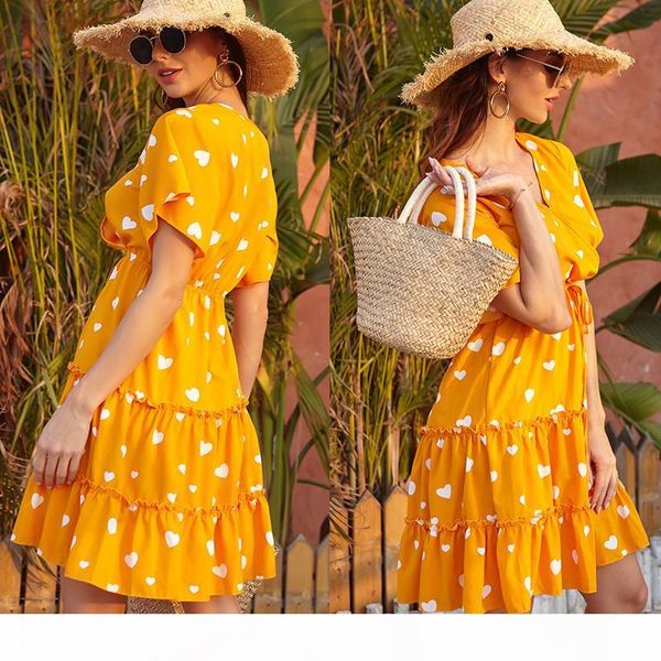 

bohemia heart floral print tie waist dresses skirts short sleeve v neck ruched dress sweet summer women clothing will and sandy gift, Black;gray