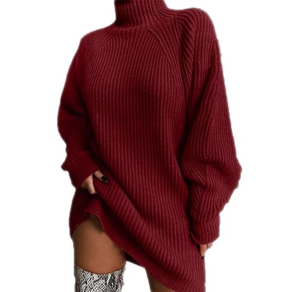 

casual dresses autumn products knitted dress ladies long raglan sleeve turtleneck sweater loose solid color, Black;gray