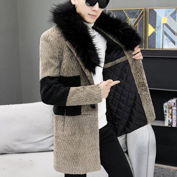 

overcoat male wool blend autumn winter coat men with artifical fur collar coat men winter trench plus size m-5xl1, Black