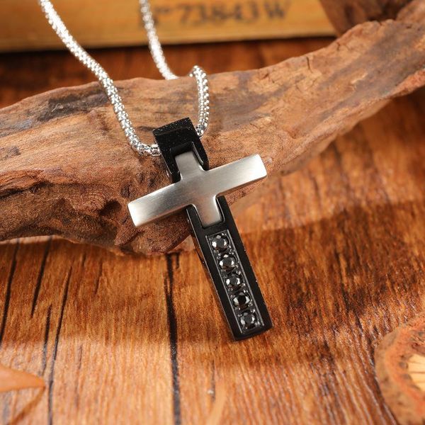 

silver black stainless steel drill crystals cubic zirconia christian cross pendant necklace 3mm 24 inch rolo chain