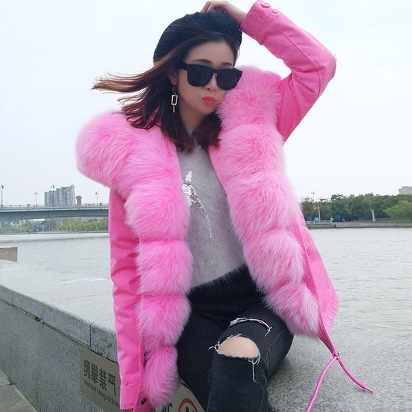 

2021 new big fox fur control access short skin detachable style lining warm thick coat a0t9, Black
