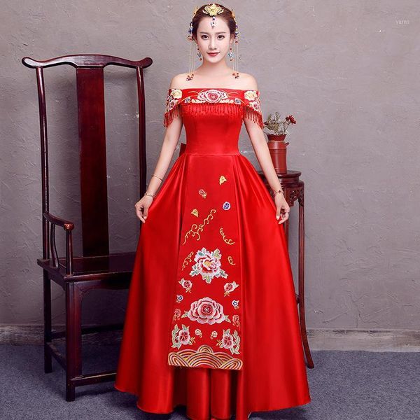 

red wedding bride chinese style cheongsam traditional lady long qipao embroidery women's evening dress marry clothes s - xxl1