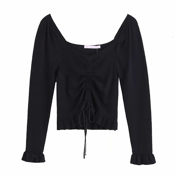 

2021 summer women new elegant fashion black folds slash neck lotus sleeve sweater female simplicity chic top, White;black