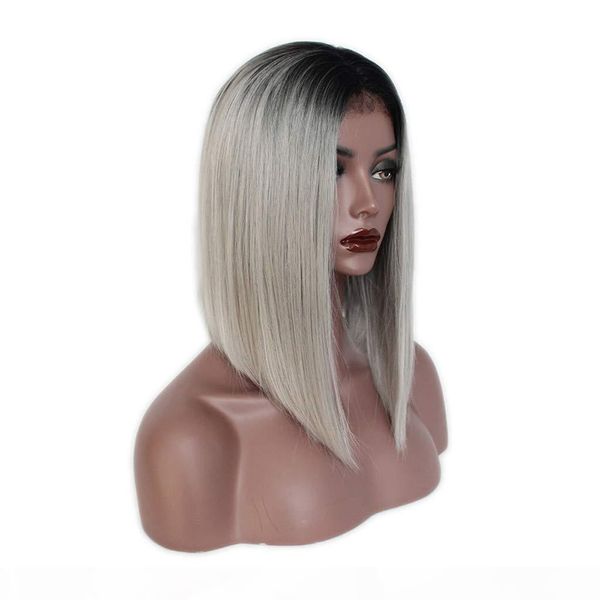 

fashion women short bob straight lace front wigs gray ombre synthetic hair wigs heat resistant fiber hair middle part 16inch, Black
