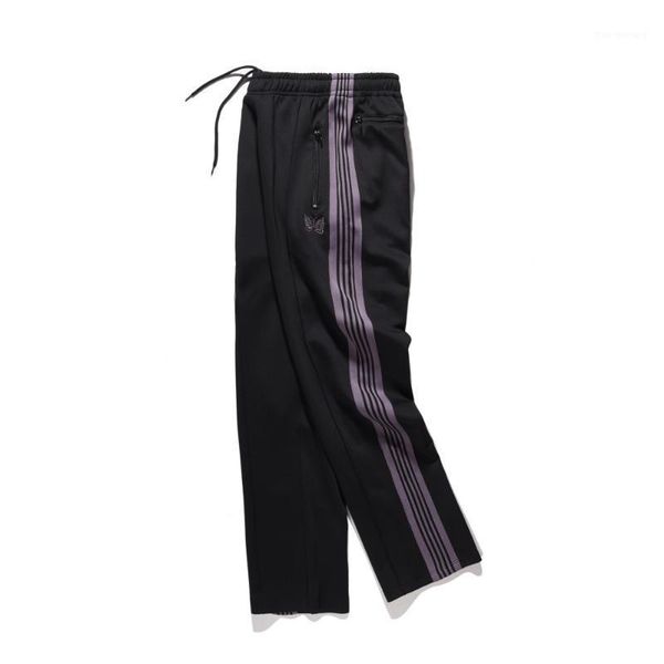 

japanese designer butterfly embroidery track pants hiphop purple stripe loose fit sweatpants, Black