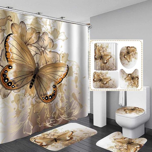 

butterfly bath shower curtain polyester waterproof bathroom curtain carpet rugs set non-slip kitchen/bath mat butter bbyiqf