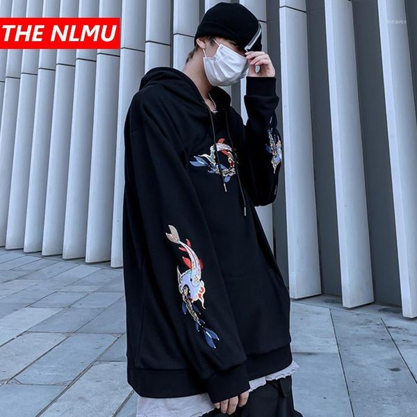 

embroideried fish pullover hooded sweatshirts hoodies men harajuku streetwear hip hop casual fashion hoodie male wg6821, Black