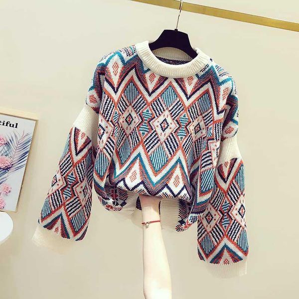 

2020 new autumn winter women pullovers retro diamond jacquard o neck color block short sweaters loose knitted for mujer1, White;black