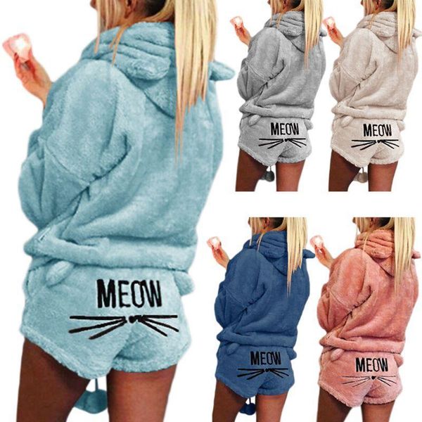 

women girls plus size winter thicken pajamas set cute cat meow embroidered short pants long sleeve hooded ears sweatshirt warm s1, White