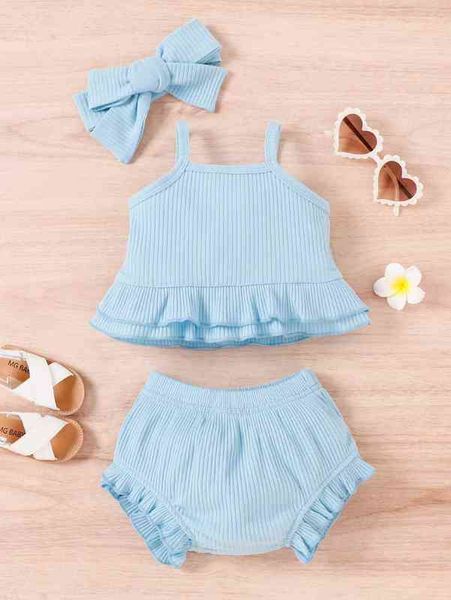 

baby tiered layer peplum cami & ruffle trim shorts with headband she, White