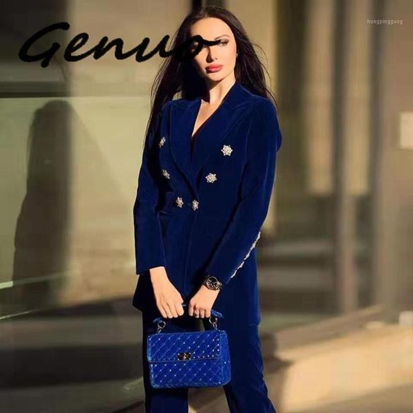 

2019 winter new women's velvet crystal buckle set long sleeve jacket & pants 2 two piece set celebrity evening runway party suit1, White;black