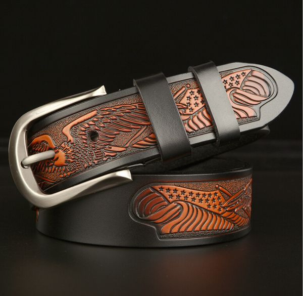 

2020 men's real cowhide belt eagle carving cowhide leather belt men's personality casual pin buckle jeans belt, Black;brown