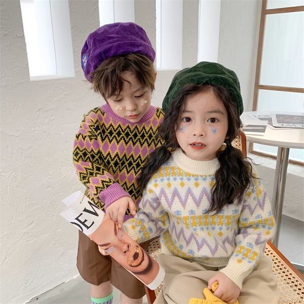

autumn winter kids diamond pattern warm sweaters boys and girls knitted casual pullovers lj201130, Blue