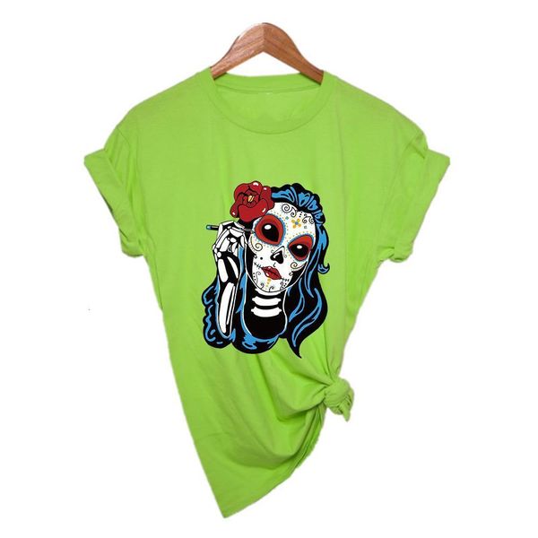 

skull day of the dead graphic print new t-shirt harajuku beautiful versatile women's shirt festive clothing casual loose tshirt, White