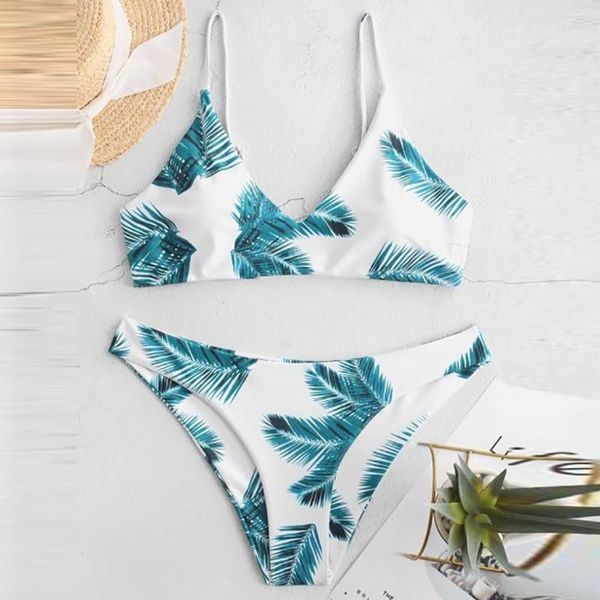 

women two-piece leaves print sling bikini set high waist swimwear beachsuit swimsuit beachwear bathing suit summer biquini1