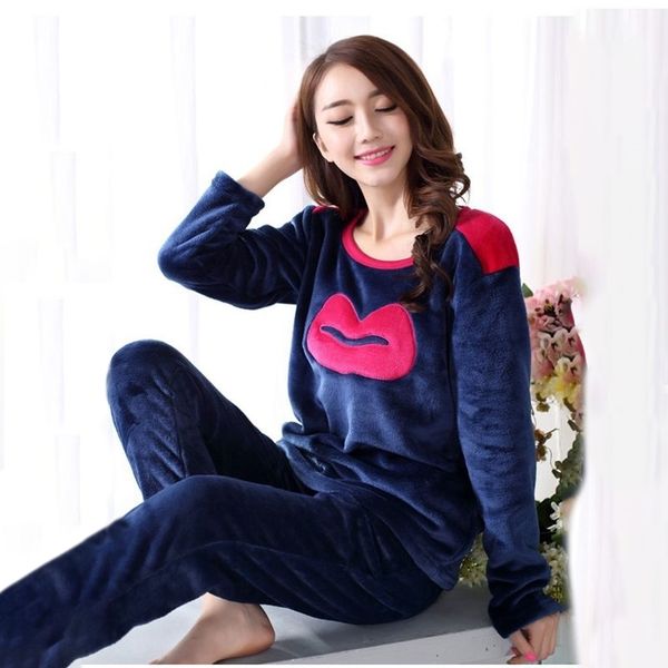 

lovely lip pattern flannel pajamas winter thick women pyjamas sets sleepwear suit pajamas cute pijama home clothing women's suit 210203, Black;red