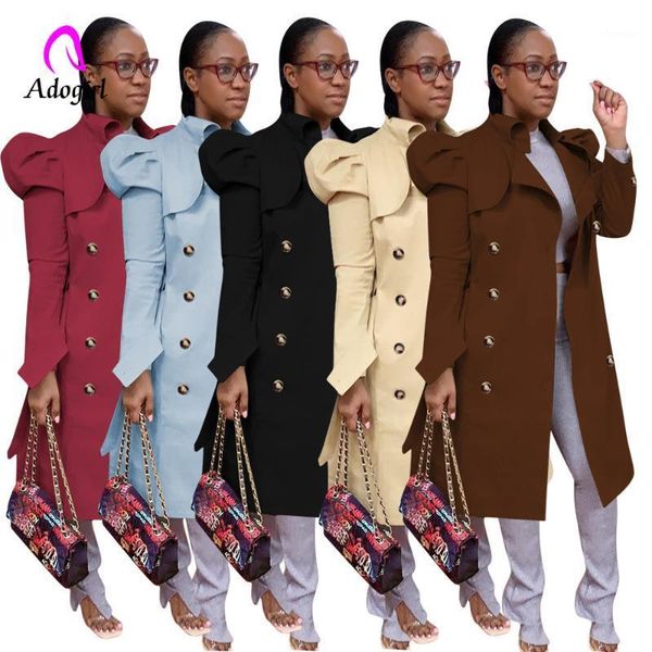 

khaki women trench coat double breasted classic elegant long puff sleeve loose long windbreaker office lady female slim outwear1, Tan;black