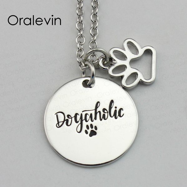 

dogaholic inspirational dog paw hand stamped custom necklace gift jewelry,10pcs/lot, #ln683