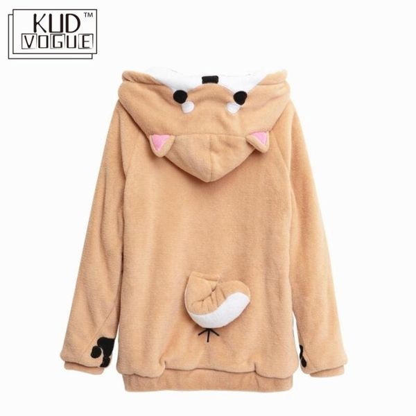 

harajuku japanese kawaii hoodies women sweatshirts with ears cute cosplay shiba inu winter plush lovely anime hooded hoodie 7479 y200915, Black