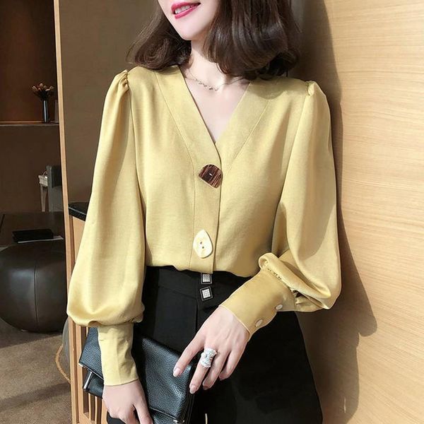 

elegant blouse women new v-neck solid color shirt lantern sleeves blouses sweet big button long-sleeved blusas mujer de moda, White