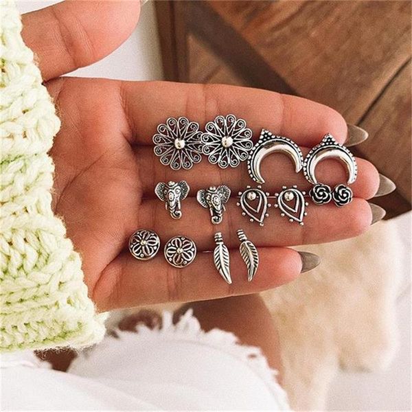 

14 pcs/set women fashion earrings retro flowers leaf elephant moon geometry silver color earring set bohemian party jewelry, Golden;silver