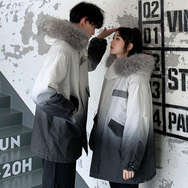 

fashion gradient medium long hooded parka fur collar coat winter jacket women casual faux fur cotton liner parker parka1, Black