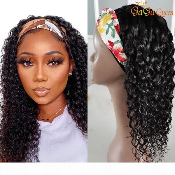 

peruvian water wave headband wig 10"-26" easy to install human hair wigs 150% density virgin hair scarf wig, Black;brown