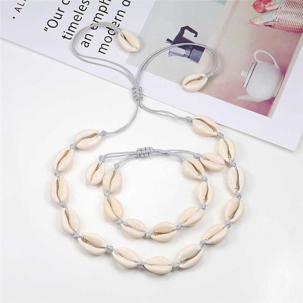 

summer beach jewelry boho natural shell necklace bracelets set knit black rope chain choker collar anklet for women girls gifts1, Golden;silver