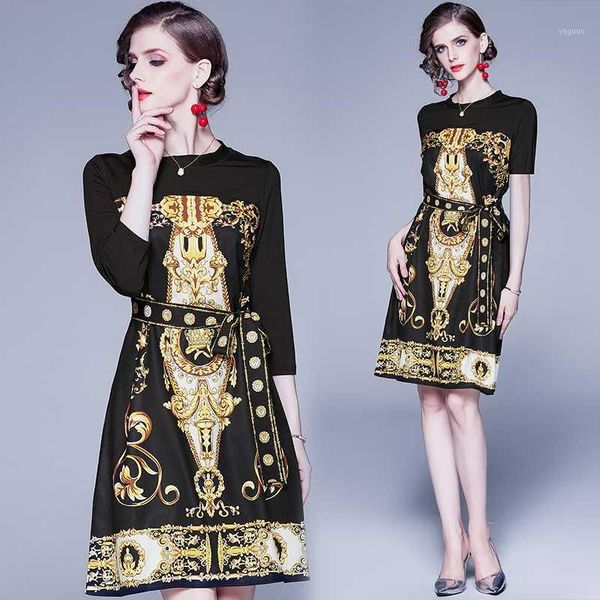 

2020 summer european and american women dress luxury designers short sleeve loose casual baroque floral printed dresses v1021, Black;gray