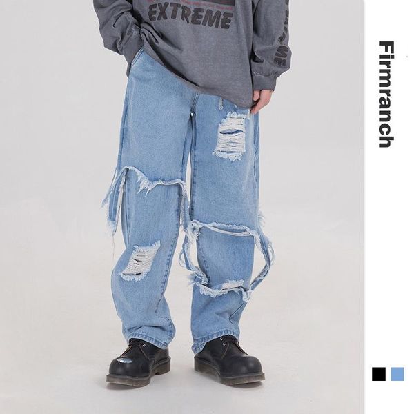 

firmranch spring/fall men/women original ripped beggar design sense casual jeans loose hip hop street wear loose long trousers, Blue