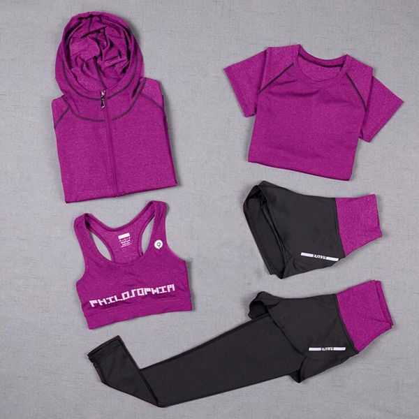 

yoga outfits high waist pants+hooded coat+t shirt+bra+short women 5 pieces set outdoor running quick dry fitness gym clothing sports 3xl, White;red